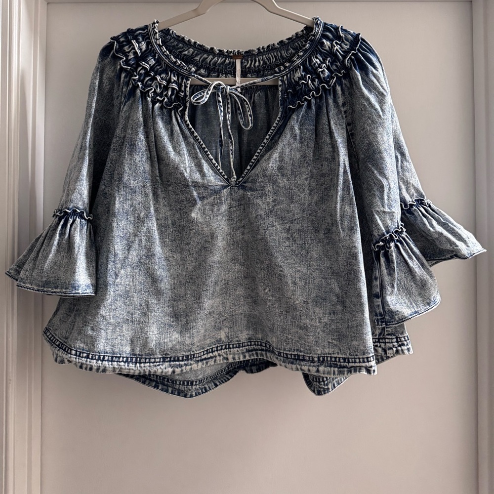 Free People Washed Blue Ruffle Blouse